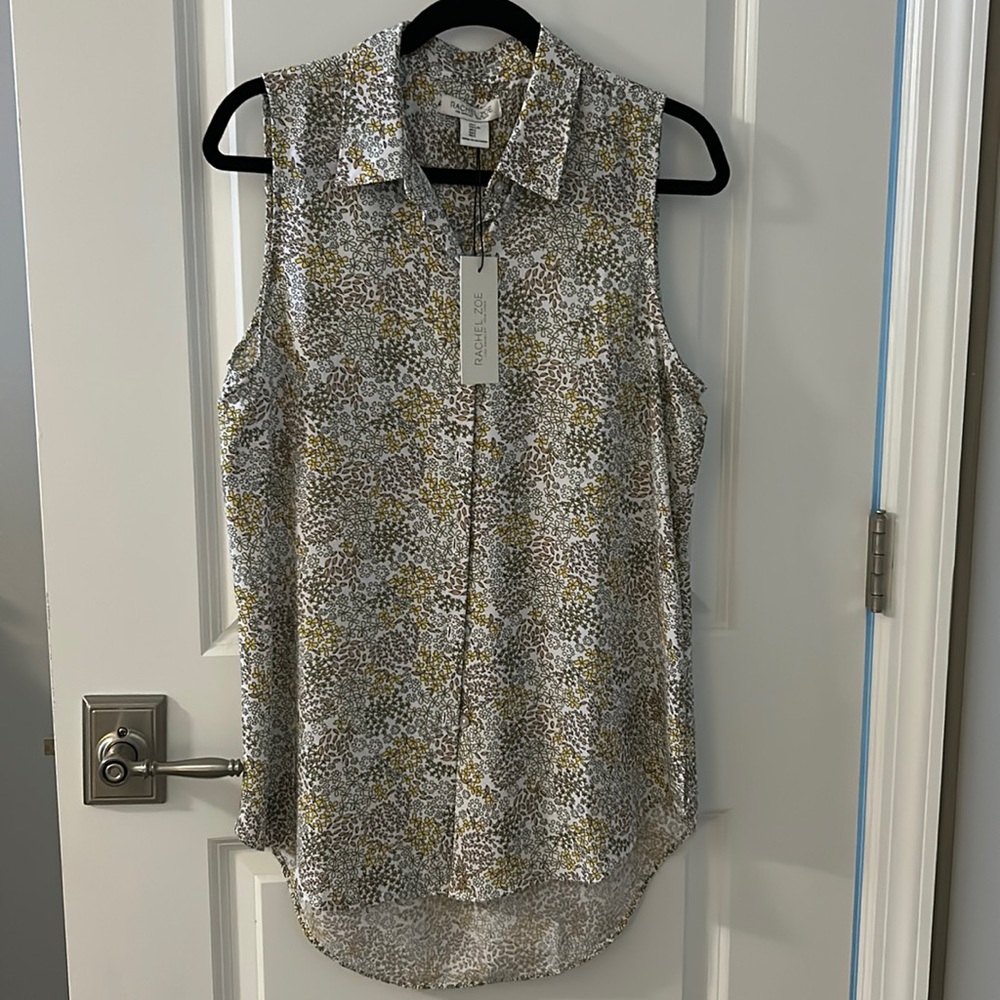 Rachel Zoe Sleeveless Ditsy Floral Button Up Tank Top Collar Large - NEW